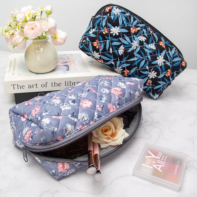 PAZIMIIK Small Quilted Makeup Bag,Zipper Cosmetic Pouch,Grey Floral | Lightweight Cosmetic Bag Organizer for Women,Purse Storage Holds Makeup,Toiletries,Skincare,Beauty Essentials,Travel Items