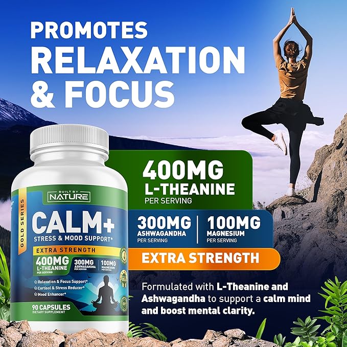 Built by Nature Calm+ Relaxation & Focus Supplement, 90 Capsules Stress, Cortisol & Mood Support, L-Theanine, Ashwagandha, Magnesium Glycinate, Vitamin D3