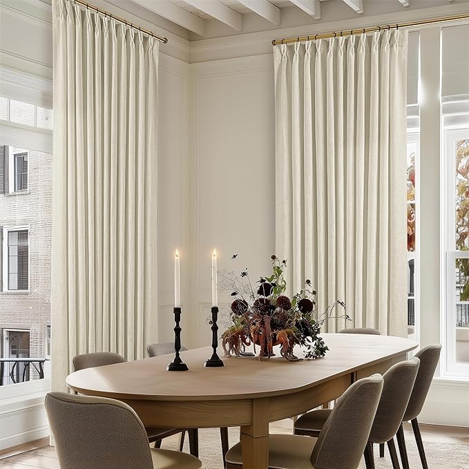 Pinch Pleat Extra Wide Beige Linen Curtain 120 Inches Long 70 Wide 1 Panel | for Patio Sliding Door Living Room, Pinch Pleat with Hooks Rings, Room Divider, Light Filtering Semi Sheer Privacy W70xL120