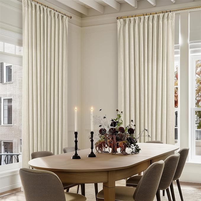 Pinch Pleat Extra Wide Beige Linen Curtain 102 Inches Long 70 Wide 1 Panel | for Patio Sliding Door Living Room, Pinch Pleat with Hooks Rings, Room Divider, Light Filtering Semi Sheer Privacy W70xL102