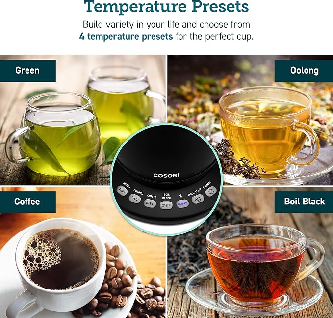 Cosori Electric Gooseneck Kettle Smart Bluetooth with Variable Temperature Control, Pour Over Coffee & Tea, 100% Stainless Steel Inner Lid & Bottom, Quick Heating, Matte Black