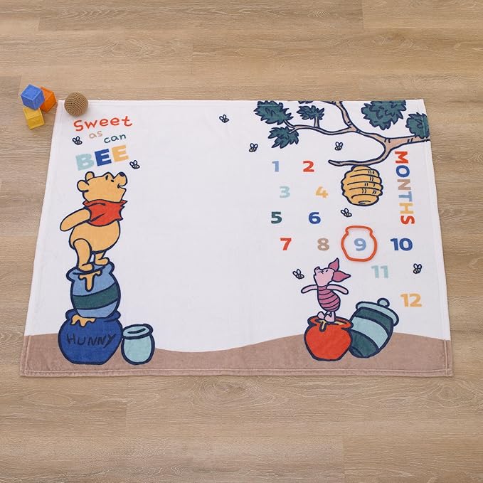 NoJo Disney Winnie The Pooh White, Blue, and Yellow Sweet As Can Bee Super Soft Photo Op Milestone Baby Blanket