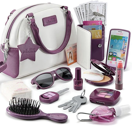 Little Girls Purse with Accessories and Pretend Makeup for Toddlers - My First Purse Set Includes Handbag, Phone, Wallet, Play Makeup and More Pretend Play Toys for Girl Age 3 +