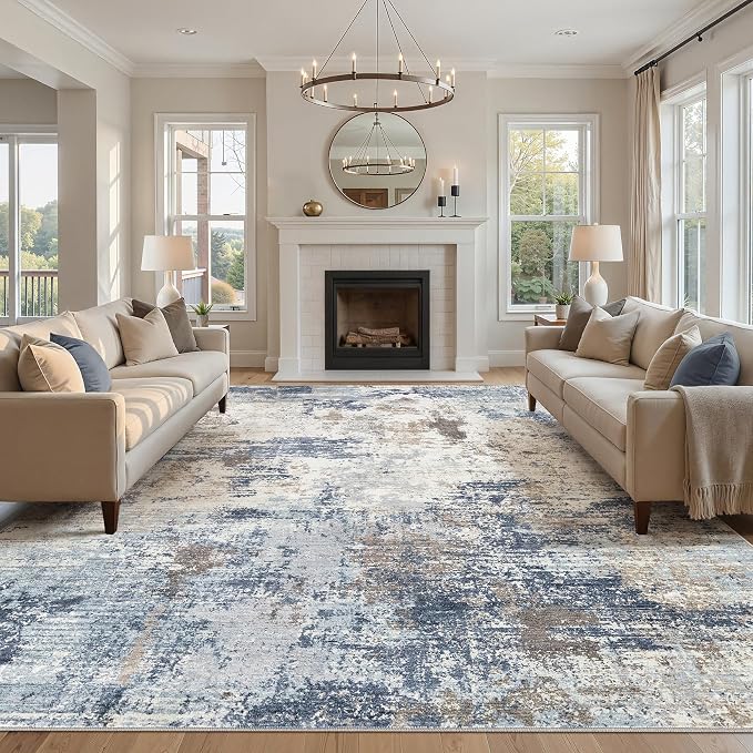 UERMEI 10x14 Area Rug Living Room Rugs - Washable Neutral Modern Abstract Soft Thin Large Rug Indoor Floor No Slip Rug Carpet for Bedroom Under Dining Table Home Office Decor - Denim Blue