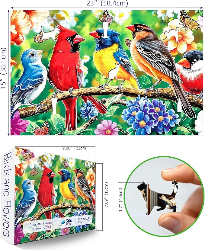 500 Piece Bird Jigsaw Puzzle | Vibrant Cardinal & Blue Bird with Flowers & Butterflies | Perfect Adult Puzzle | Unique Art for Home Decor & Gifts
