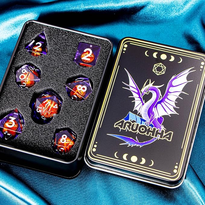 ARUOHHA DND Resin Dice Gazes Eye Dice Silver Purple Liquid Core Flaming RPG Sharp Edged Dice Set with Gift Box, Polyhedral D and D Dice Set Compatible with Dungeons Dragons Role Playing Game D20 D6