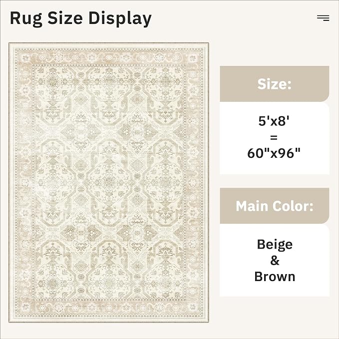 Soalmost 5x8 Area Rug Low Pile Washable Trendy Faded Style Rug, Beige/Brown | Vintage Non-Slip Indoor Accent for Bedroom Dining, Foldable Stain Resistant Floor Carpet Mat Under Table Home Office Decor