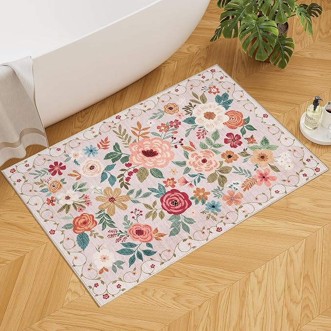 DUKINO 2x3 Entryway Rug, Floral Door Mat Soft Washable Rug Non Slip, Beige | Low Pile, Non-Shedding Small Rug for Kitchen, Entrance, Bedroom, Bathroom, Pet Friendly, Stain Resistant, Modern Home Decor