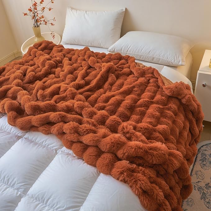 LIFEREVO Luxury Fluffy Faux Rabbit Fur Throw Blanket 60x80, Burnt Orange | Plush Fuzzy Bubble Lap Throw for Couch Sofa Office, Soft Cozy Furry Bed Blanket Home Decoration, Washable & Skin-friendly