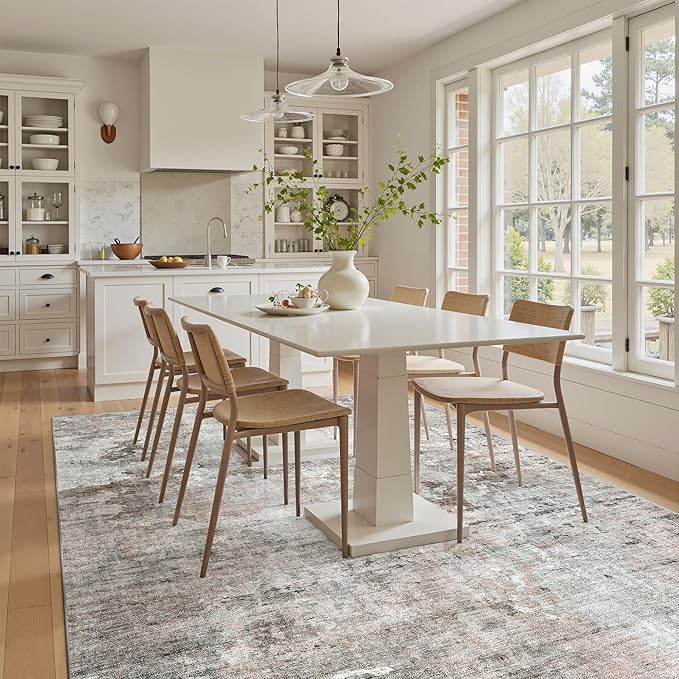 Soalmost Abstract Area Rug 6x9 for Living Room Washable Rugs Pink/Grey | Non-Slip Low-Pile Carpet for Dining Bedroom, Foldable Thin Vintage Stain Resistant Floor Mat Under Table Home Office Nursery