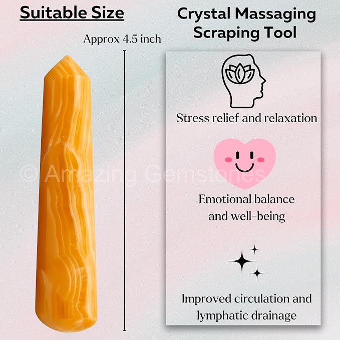 Yellow Calcite Crystal Wand Massage Stick - Pelvic Wand Gua Sha for Adults - Crystals and Healing Stones Massage Wands for Adults Gifts (Pointed)