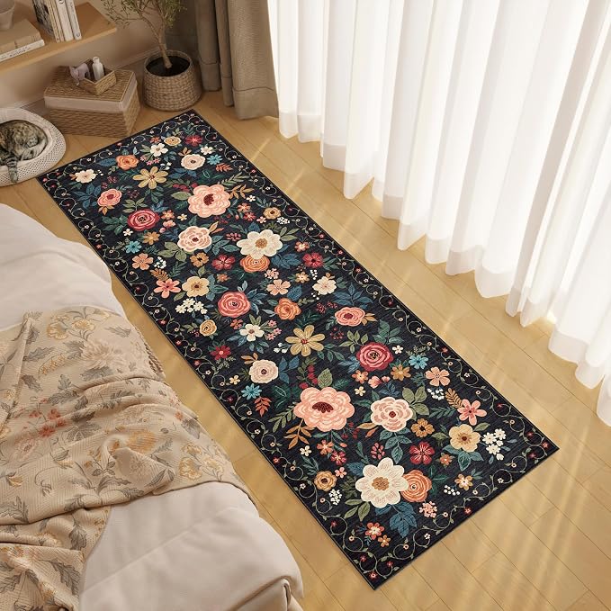 DUKINO 2x6 Runner Rug for Hallway, Washable Runner Rug Non Slip, Black | Low Pile, Soft, Floral Indoor Rug for Kitchen, Entryway, Bedroom, Laundry, Bathroom, Pet Friendly, Lightweight, Home Decor