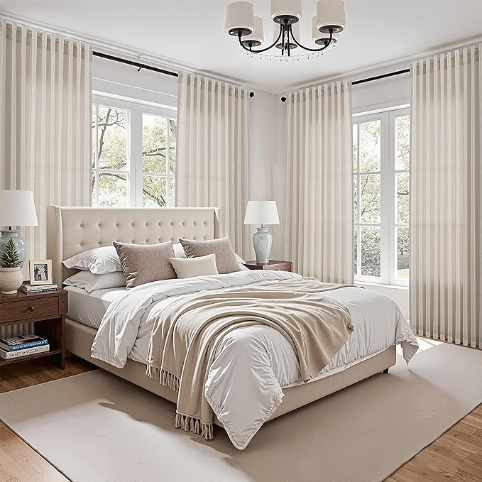Nanspring Warm Beige Linen Curtains Semi Sheer 96 Inches Long 2 Panels Set for Living Room Back Tab Rod Pocket Light Filtering Drape for Bedroom Modern Farmhouse Coastal Decor Protect Privacy 52x96