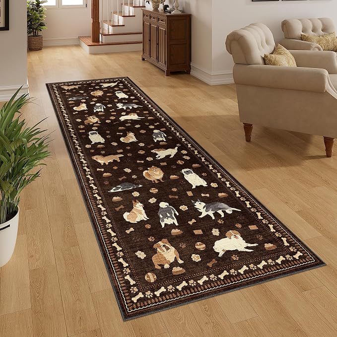 DUKINO 2.6x8 Kitchen Runner Rug, Washable Non Slip Dog Rug, Brown | Soft, Stain Resistant, Low Pile, Non-Shedding Animal Carpet Runner for Hallway Entryway Bathroom Laundry, Kid & Pet Friendly