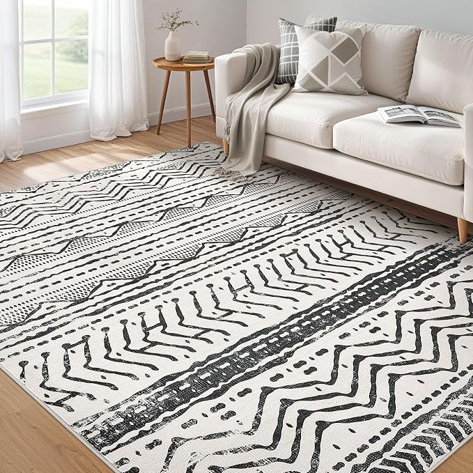 Nakagishi Black Rug for Living Room: 7x9 Washable Boho Large Neutral Soft Farmhouse Area Rugs Stain Resistant Modern Geometric Non-Slip Indoor Floor Carpet for Bedroom Playroom Office Dining Room