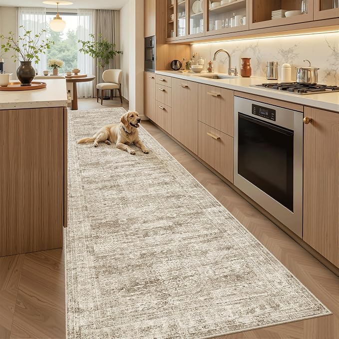Soalmost Washable 3x12 Hallway Runner Rug Non-Slip Kitchen Entry Rugs Brown | Vintage Long Runners 12ft for Bathroom Entryway, Foldable Low-Pile Wide Floor Carpet Mat for Corridor Laundry Room Bedroom