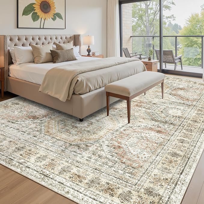 Soalmost 10x14 Area Rugs for Living Room Washable Rug Non-Slip Brown/Pink | Large Vintage Stain Resistant Carpet for Dining Bedroom, Low Pile Lightweight Foldable Floor Mat Nursery Home Office Decor