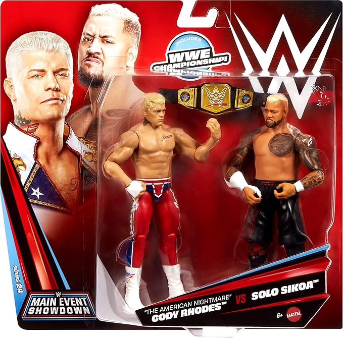 Mattel WWE Main Event Showdown Action Figures 2-Pack with Accessory, Series #24 Cody Rhodes vs Solo Sikoa Collectible Set, 6-inch