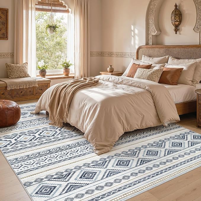 cotiled 6x8 Area Rugs Living Room Rug: Washable Boho Rugs with Non Slip Backing Large Soft Indoor Stain Resistant Carpet for Bedroom Farmhouse Dining Room Lightweight Home Decor Blue
