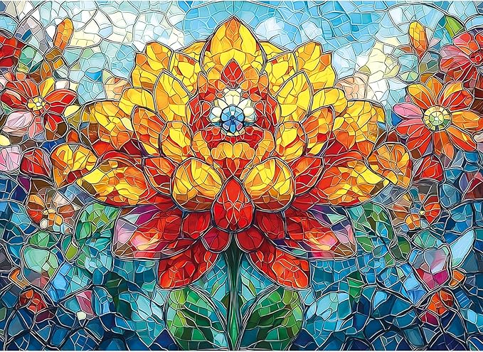 Stained Glass Dahlia Floral Puzzles for Adults 1000 Pieces, Impossible Hard Difficult Challenging Puzzles for Adults, Colorful Mosaic Dahlia Floral Jigsaw Puzzle 1000 Pieces