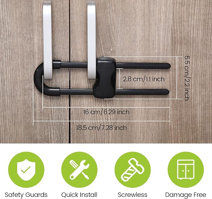 Jetec 10 Pack Baby Cabinet Locks, No Adhesive No Drill Child Safety Locks for Cabinets with Knobs or Handles, Adjustable U-Shaped Child Proof Latches for Cupboards, Fridge, Closet, Pets(Black)