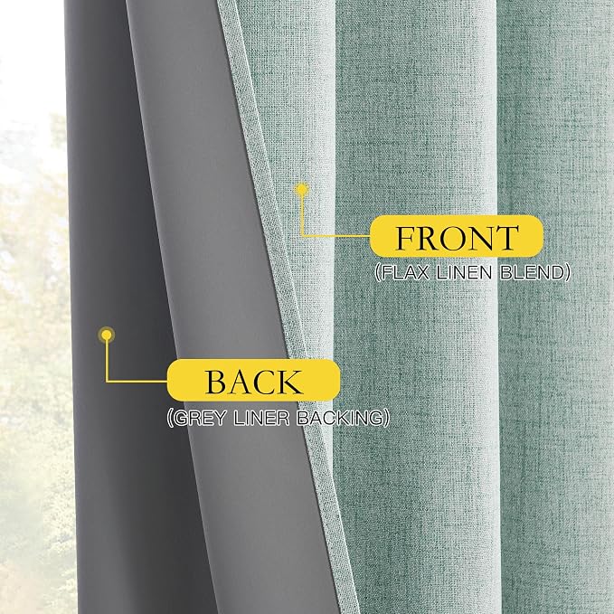 NICETOWN Seafoam Green Bedroom Full Blackout Linen Curtain Panels, Thick Insulated Classic Back Tab Blackout Draperies with White Thermal Insulated Liner for Windows (Set of 2, 52 by 72-inch)