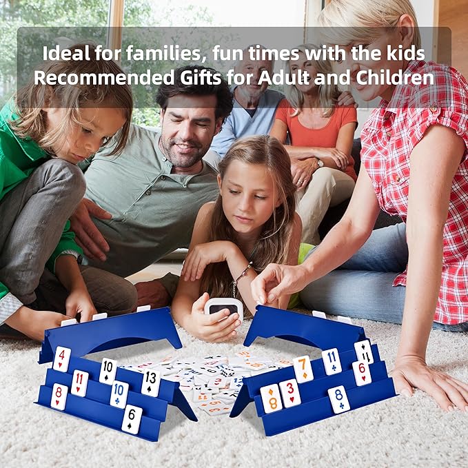 Doublefan Upgraded Rummy Game,Rummy-O with Color Unique Poker Playing Way,Rummy Cube Orginal Classic Board Game for Adult and Kids,106 Tiles, 4 Playing Rack, 1 Timing, 1 Dice (2-4 Players)
