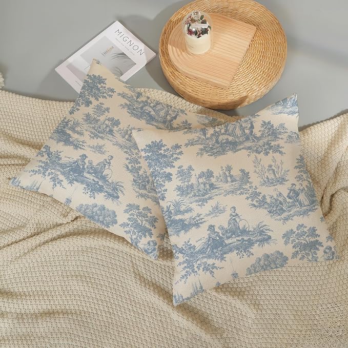 French Country Pillow Covers 20x20 Set of 2 Vintage Baby Blue Toile Throw Pillows Outdoor French Country Decorative Pillowcase Rustic Cottage Farmhouse Cushion Case for Couch Living Room Decor