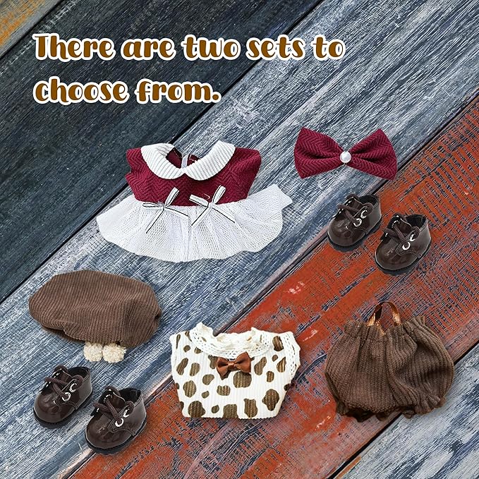 Handmade Clothes for 17cm LA B UBU，Suitable for 17cm Doll Accessories, Cute Clothing, Cute Clothes for Dress up Unique Style- Burgundy Skirt +Brown Shoes + Burgundy Bow