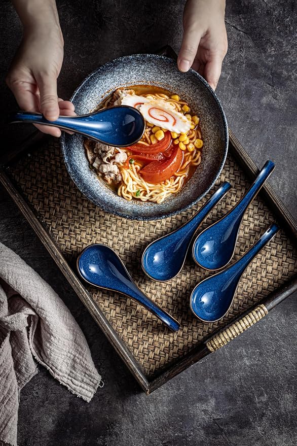 LYEOBOH Soup Spoons set of 6, Chinese Deep Soup Spoon - 6.5 inch Ceramic Korean Tablespoons for Ramen, Rice, Noodle, Asian Spoons with Deep Hook Design, Vintage Blue