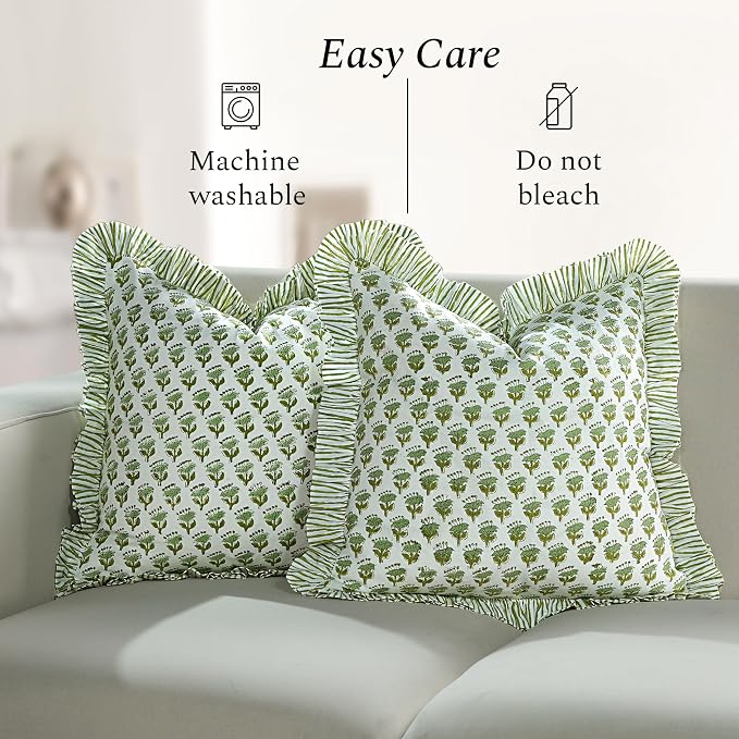 CPC Block Print Ruffle Throw Cover Emerald Green 18"x18" Inch Pack of 2-100% Cotton Ruffle Couch Decorative Boho Pillows Case for Living Room, Bedroom, Sofa, Farmhouse Gift for Spring, Mother's Day