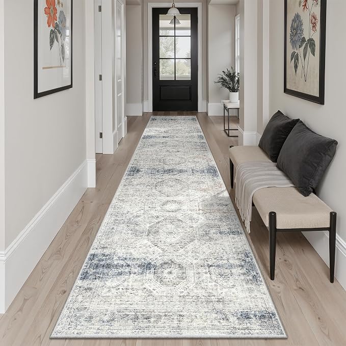 Soalmost Runner Rug 2x10 Washable Hallway Kitchen Runners Blue/Ivory | Non-Slip Vintage Rugs for Bathroom Laundry Room, Soft Low Pile Foldable Floor Carpet Mat for Entryway Corridor Bedroom