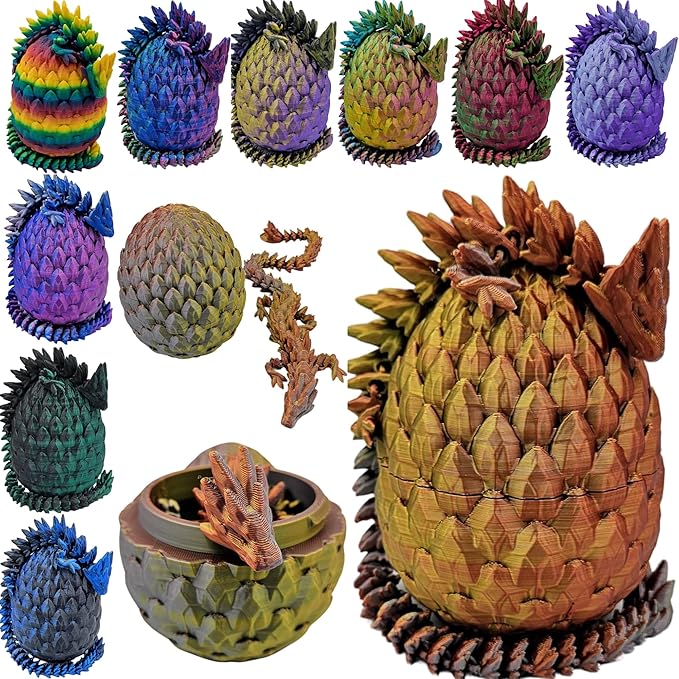 Surprise Dragon Egg Articulating Gemstone Dragon Fidget Toy - 3D Printed Flexi Dragons Flexible ADHD, Autism, Relief Anxiety - Articulated Joints (Gold Copper Silver)