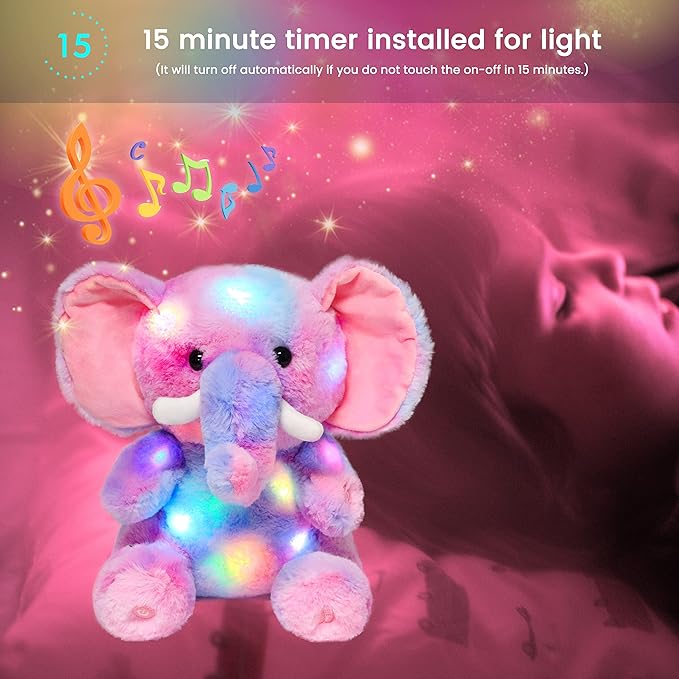 Hopearl Colorful LED Musical Stuffed Elephant Lighting Up Singing Plush Elephish Adjustable Volume Lullaby Animated Soothe Birthday Festival for Kids Toddlers, Rainbow, 11''