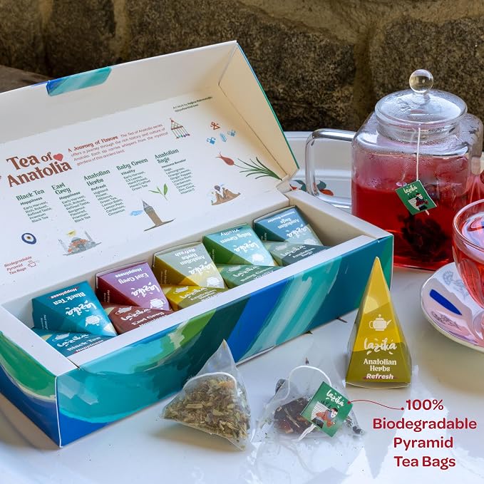 Lazika Tea Sampler with Premium Presentation Box, 10 Counts, Mothers Day Gifts, 2 of Each Blend Individually Wrapped, Black, Green and Herbal Tea Variety Gift Set, Collection with Pyramid Infuser Bag