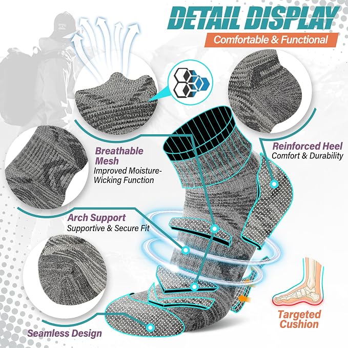 ANTSANG 6 Pairs Merino Wool Quarter Ankle Hiking Running Socks Compression Thermal Thick Cushion Socks for Women Men