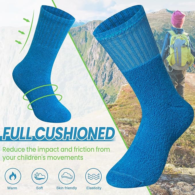 WEVIAS Kids Merino Wool Hiking Socks Boys Thermal Winter Cozy Boot Warm Cushion Socks 6 Pairs