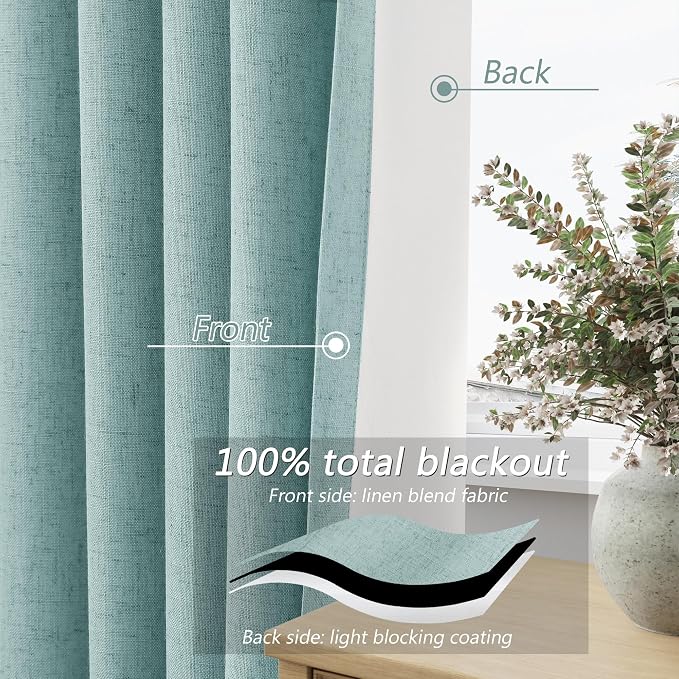 Guken 100% Blackout Linen Curtains 63 Inch Length 2 Panels Set for Living Room Bedroom Back Tab Thermal Insulated Black Out Linen Drapes Room Darkening Window Curtains,Light Blue