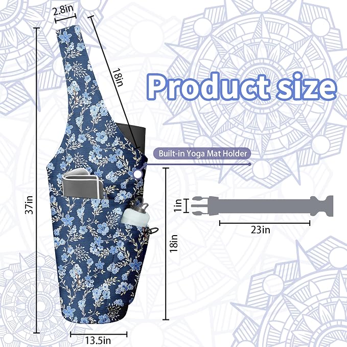 Yoga Bag for Women, Large Yoga Mat Bag Tote Carrier with Wet Dry Pocket, Water Bottle Holder & Adjustable Strap, Fits 1/2" Thick Yoga Mat for Gym, Pilates, Travel, Work