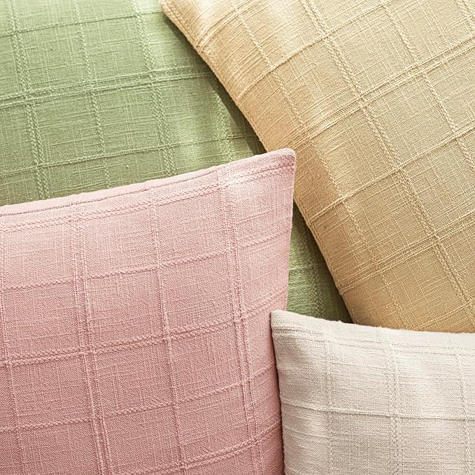 Foindtower Set of 2 Decorative Linen Check Throw Pillow Covers Neutral Farmhouse Vintage Cushion Covers Modern Boho Accent Home Decor for Sofa Chair Couch Bedroom Living Room,22×22 Inch,Light Pink