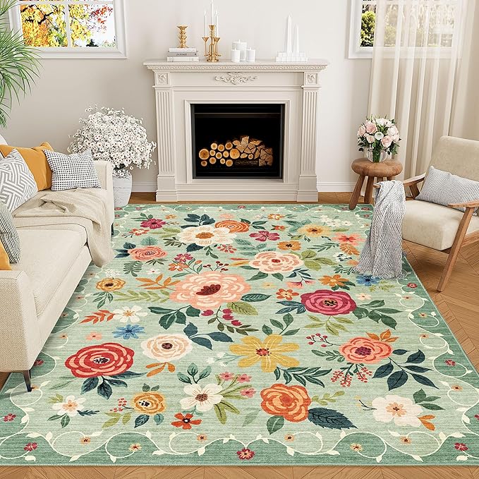 DUKINO 8x10 Area Rugs, Floral Washable Living Room Rug Non Slip, Green | Low Pile, Stain Resistant, Soft Indoor Large Carpet for Bedroom, Dining Rom, Kids Playroom, Pet Friendly, Modern Home Decor