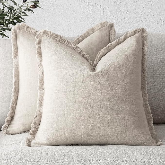 Foindtower Set of 2 Decorative Linen Fringe Throw Pillow Covers Boho Farmhouse Cushion Cover with Tassels Accent Pillowcase for Couch Bed Sofa Living Room Home Bedroom Decor, 12×24 Inch, Natural Beige