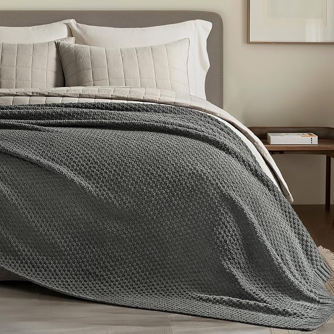 EVERGRACEHOME Chunky Chenille Knit Throw Blanket, 90 x 90, Charcoal Gray | Sculpted Moss Stitch, Chic Modern Farmhouse, All-Season Warmth, OEKO-TEX® Certified, Oversized Queen for Couch, Bed, Sofa