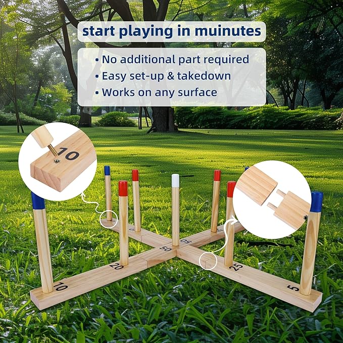 Gothink Extra Large Ring Toss Game for Adults & Kids, 30" Wooden Ring Toss Game Outdoor Fun with 9 Poles, 10 Rings and Carrying Bag Easy to Set Up & Compact Carry Portable Yard Games Toys Gifts