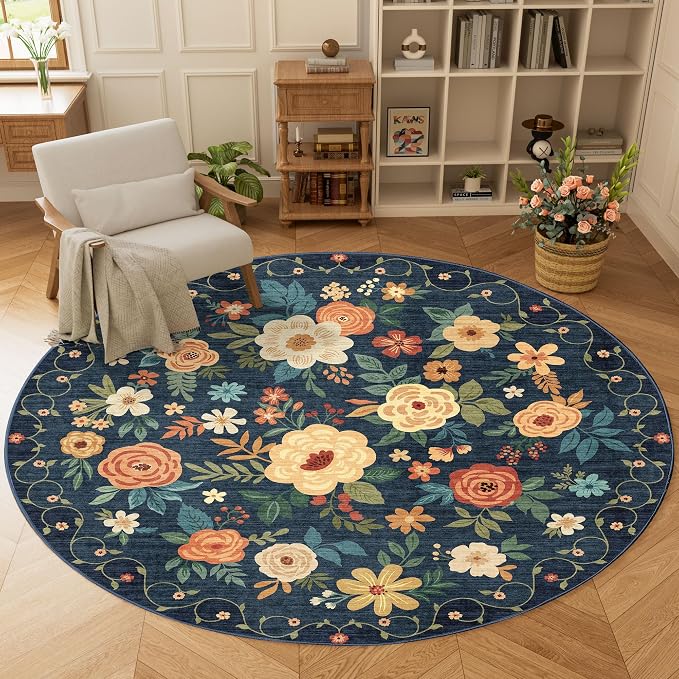 DUKINO 6ft Round Rug, Washable Circle Rug for Bedroom Non Slip, Navy Blue | Low Pile, Stain Resistant Indoor Rug for Living Room, Dining Room, Kids Room, Office, Pet Friendly, Home Decor, Non-Shedding