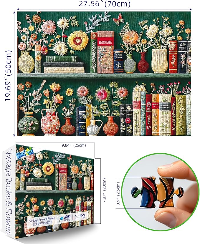 Blueforest Wildflower Embroidery Puzzles for Adults 1000 Pieces, Vintage Flower Book Puzzle, Wildflower Pages Jigsaw Puzzle for Book Lover, Floral Art Bookshelf Library Puzzles