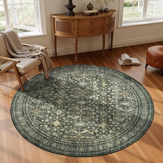 4ft Area Rugs for Living Room Bedroom, Green Washable Non-Slip Carpet | Soft Boho Area Rug for Dining Room Home Office Indoor Nursery, Stain Resistant, Low Pile, Foldable Vintage Distressed Rug