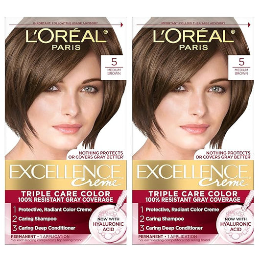 L'Oreal Paris Excellence Crème Permanent Hair Dye, Triple Care Hair Color with Hyaluronic Acid for 100% Gray Coverage, 5 Medium Brown, 1 Kit (Pack of 2) (Packaging May Vary)