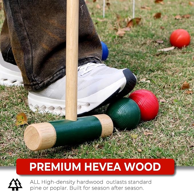 SPORT BEATS Six Player Croquet Set Solid RubberWood 32 Inch Mallets with Carry Case, Six Balls, Nine Wickets, 2 Stakes for Backyard Outdoor Games