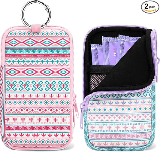 2 Pack Portable Tampon Holder Zippered Pouch with Snap Hook, Waterproof Travel-Friendly Discreet Period Bag, Feminine Products Organizer for Women Purse (Bohemia)